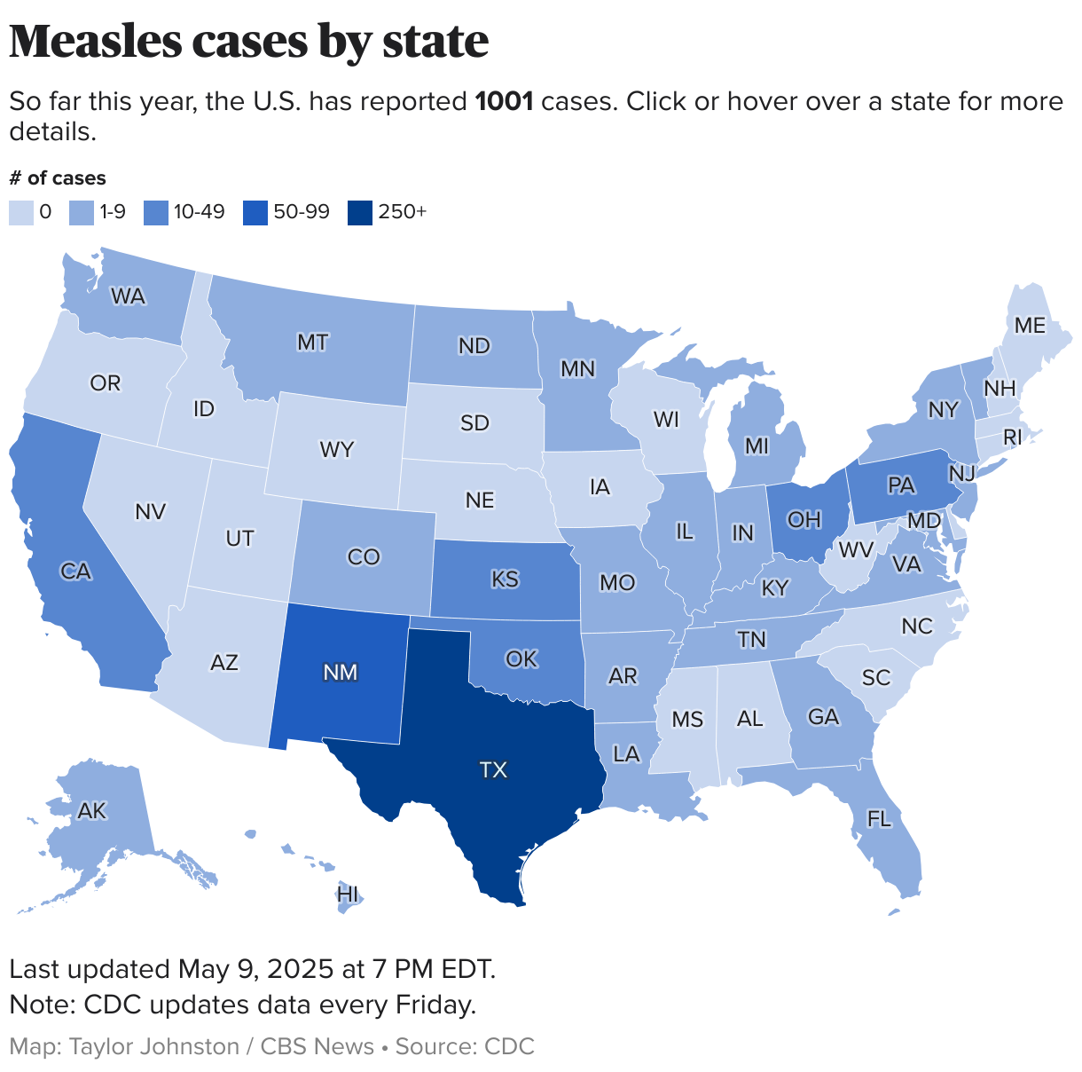 U.S. map showing number of reported cases of measles in 2025.
