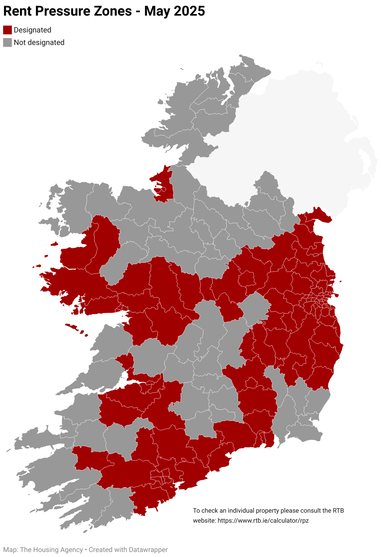 Map of Local Electoral Areas in Ireland showing which are designated as a Rent Pressure Zone in red and those which are not in grey. 